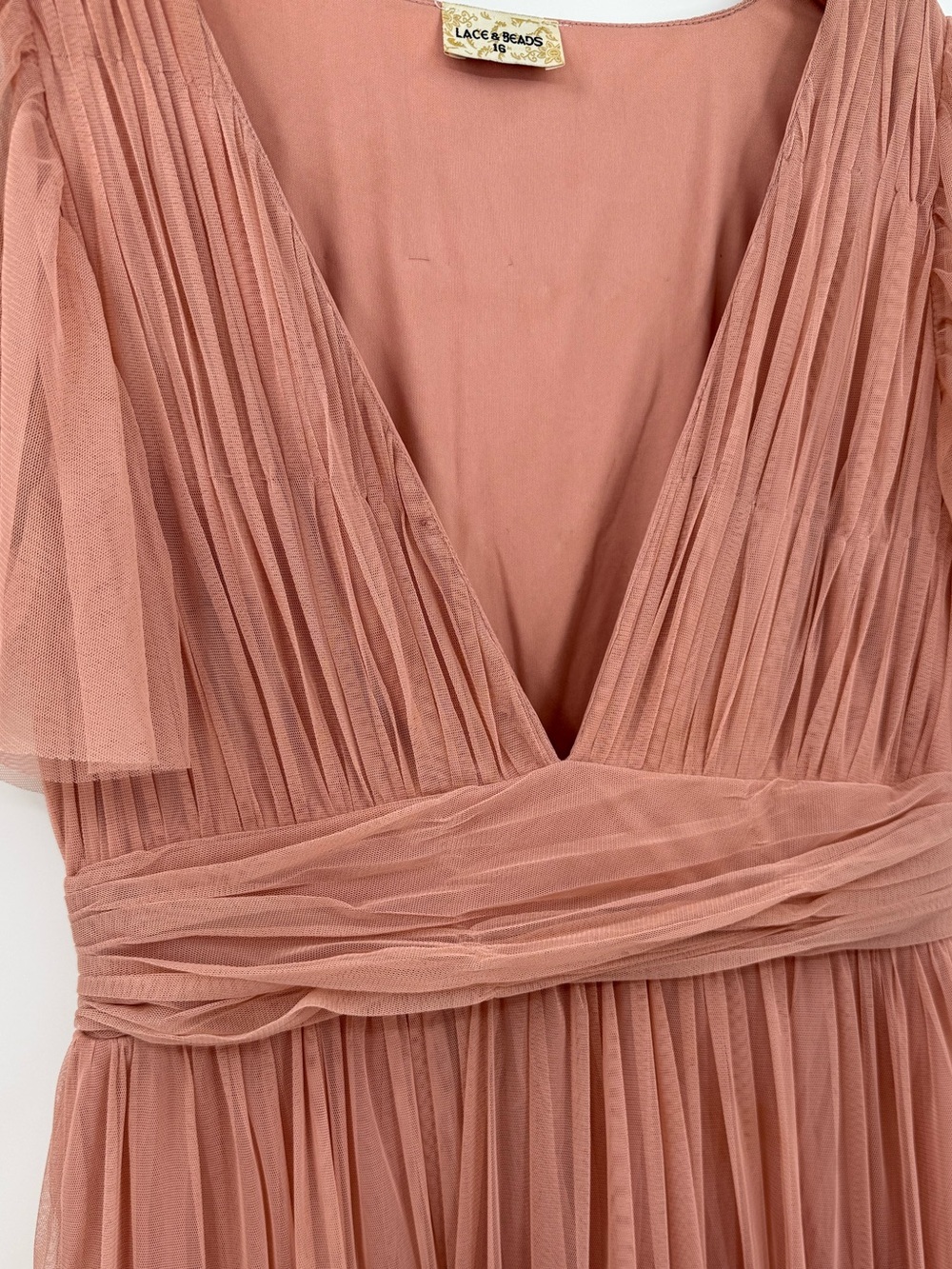 Lace & Beads Madison V Neck Tulle Flutter Sleeve Tiered Midi Dress | Blush | 16 - Picture 7 of 9